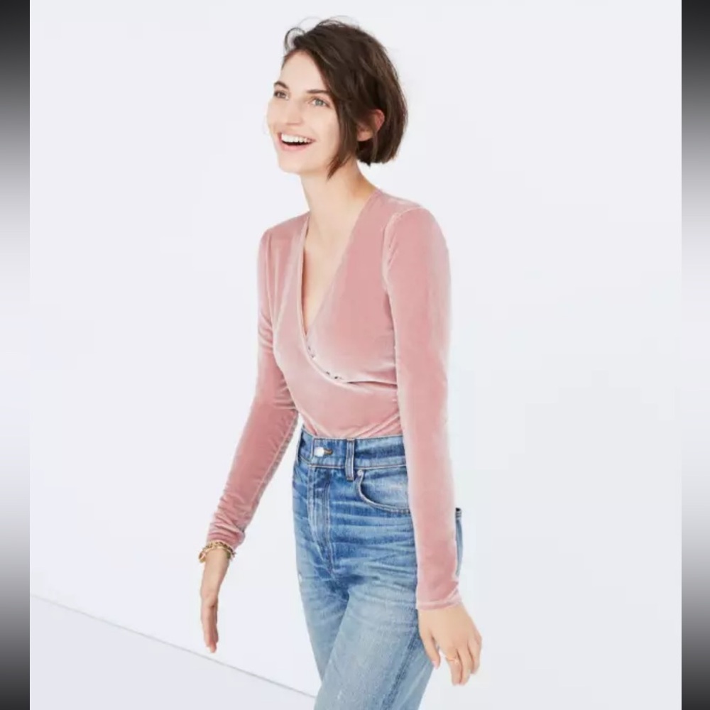 Madewell Velvet Wrap Bodysuit in Mauve Shadow (Pink) - Size Small - Used